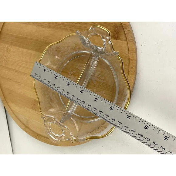 VTG Cambridge Divided Handled Relish Glass Dish Wildflower Clear Gold Trim - Picture 4 of 10